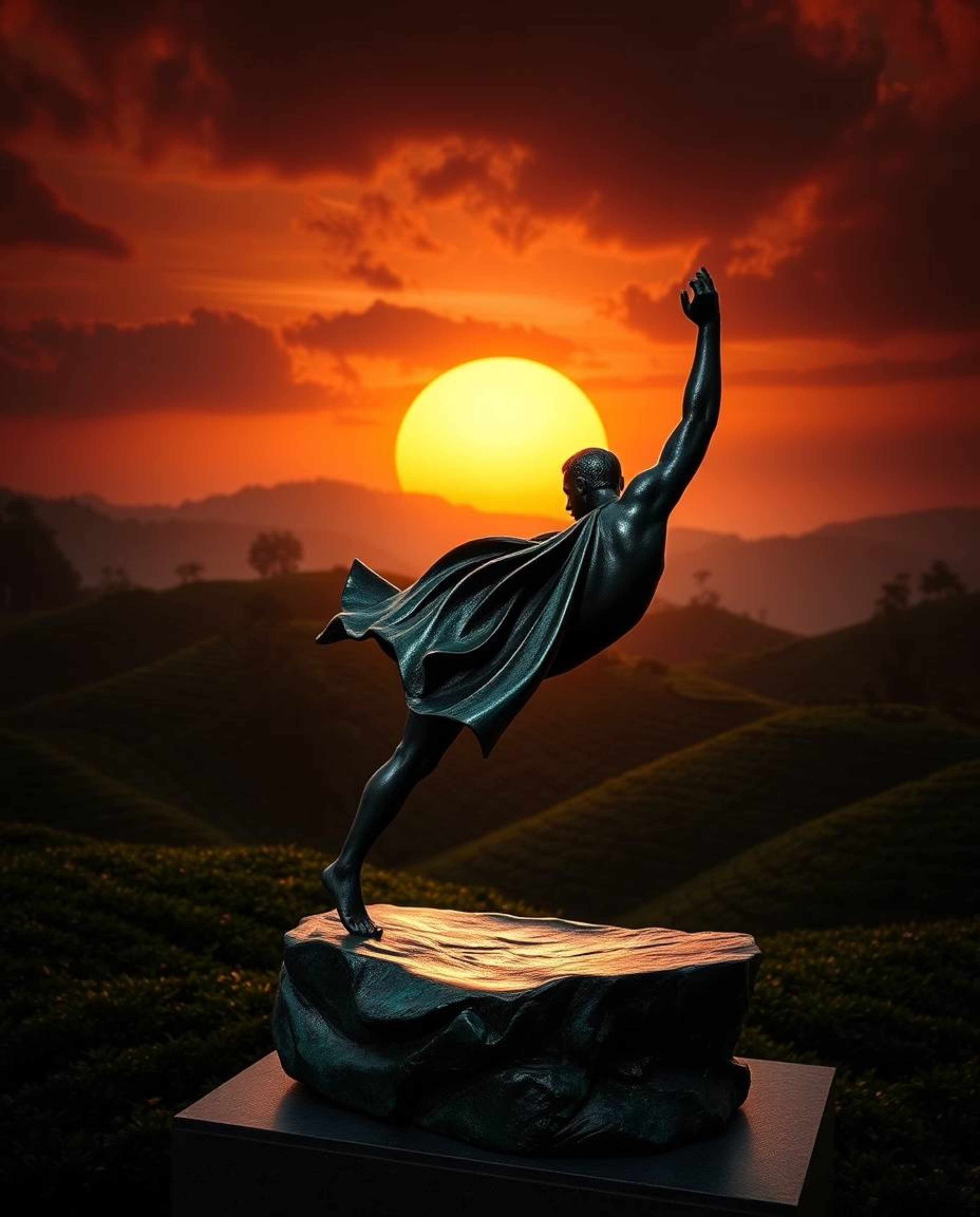 This is a luxurious cast bronze sculpture depicting a sunset over terraced tea plantations, distinguished by a rich, deep tea