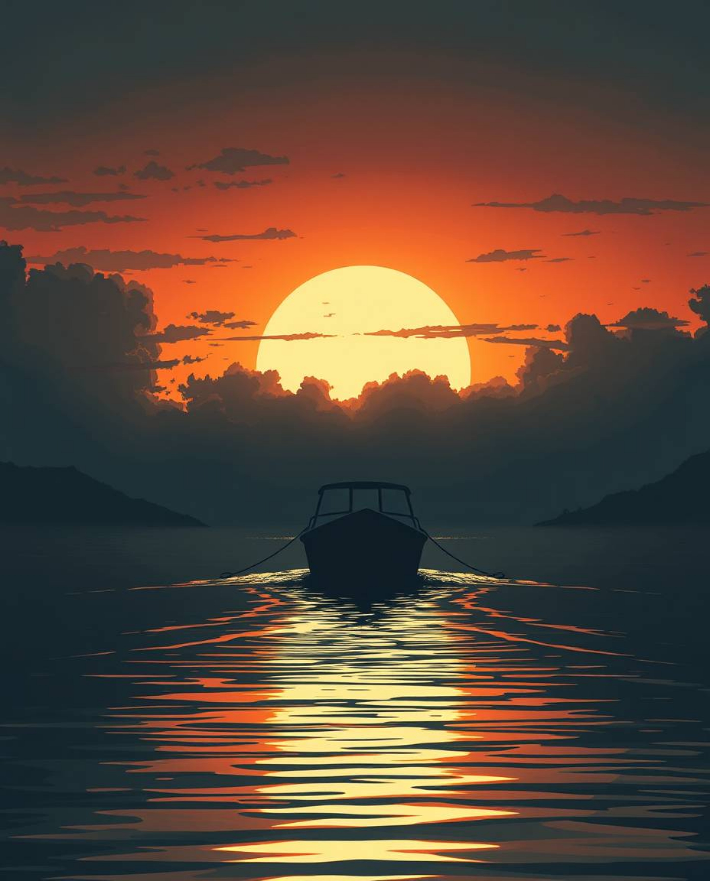 This is a strong, moody style illustration that captures a boat drifting on a lake at sunset. The scene is viewed from a low 