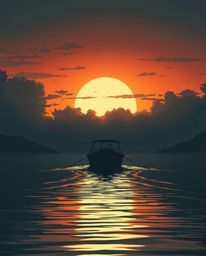 This is a strong, moody style illustration that captures a boat drifting on a lake at sunset. The scene is viewed from a low 
