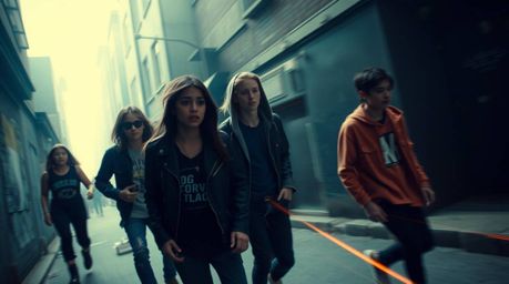 A captivating long-exposure photograph showcasing rebellious teenagers in a hazy, softly lit grungy alley.  The image capture