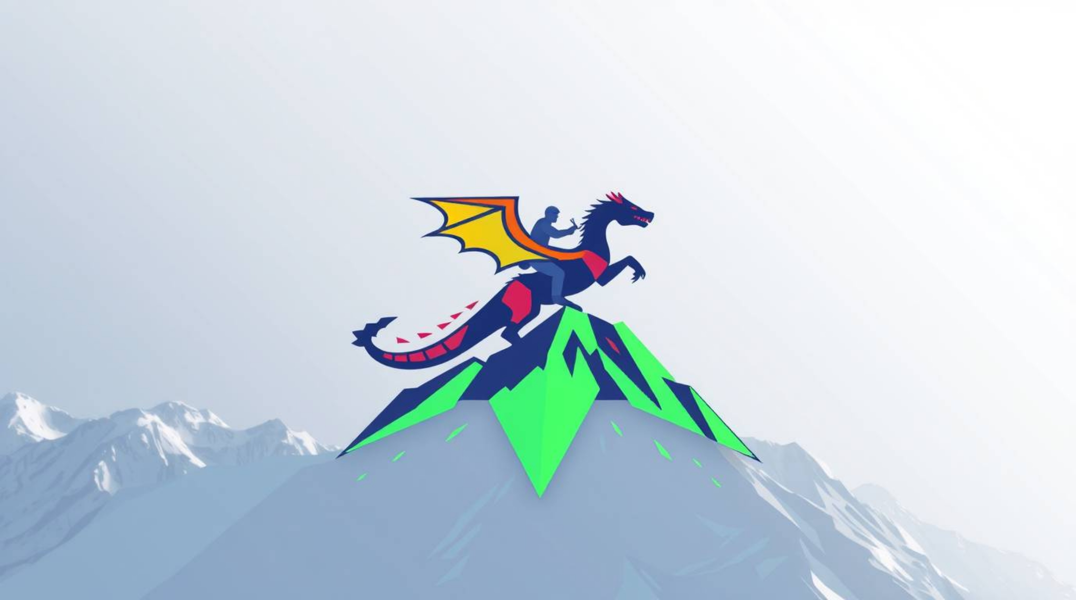 A dynamic logo design featuring a dragon and rider soaring above icy mountains. The artwork is characterized by electric, viv