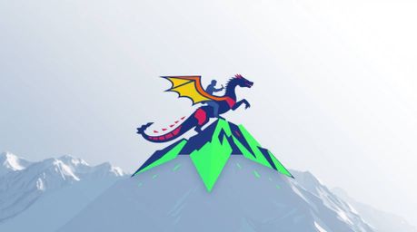 A dynamic logo design featuring a dragon and rider soaring above icy mountains. The artwork is characterized by electric, viv