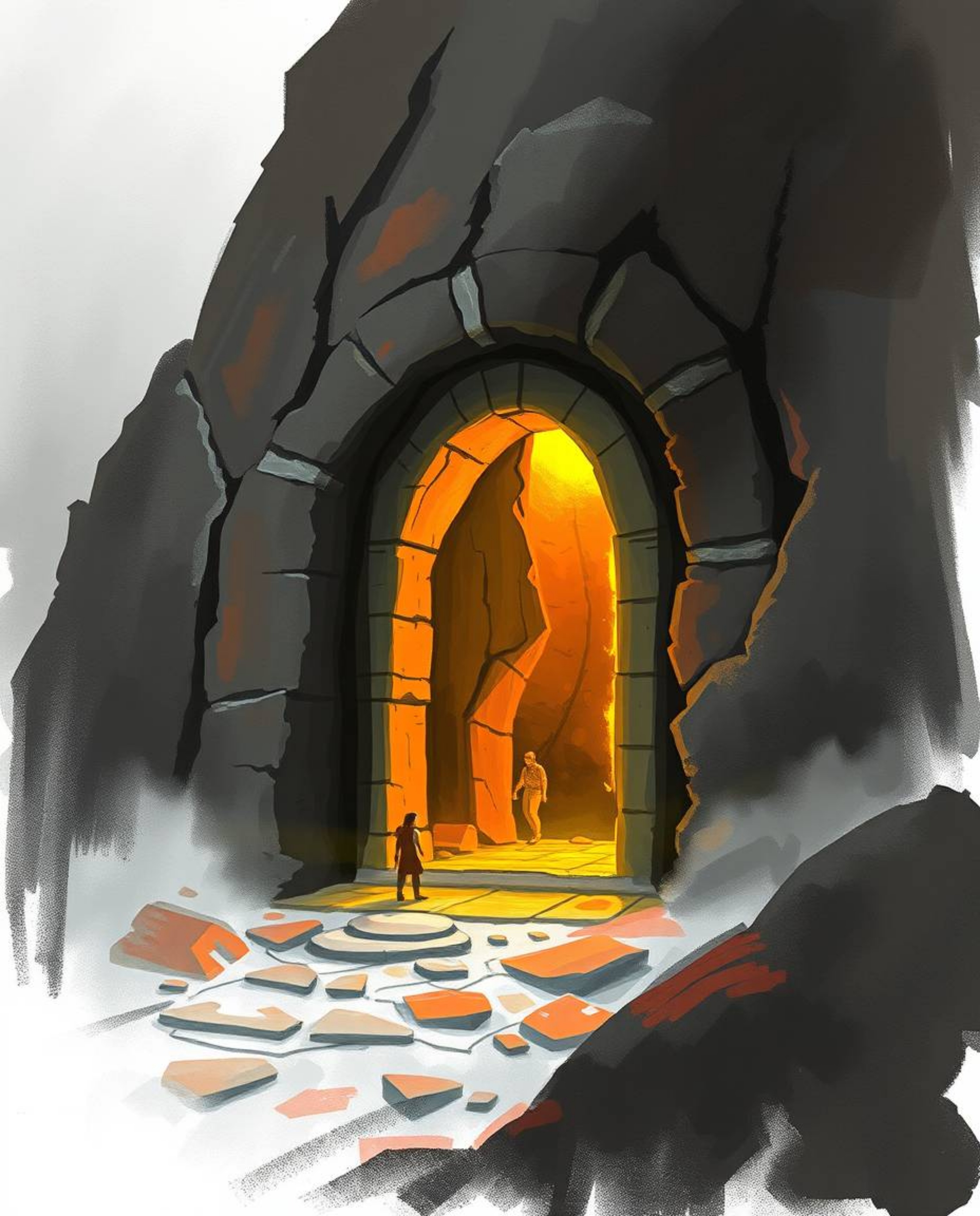 A digital sketch showcasing an ancient doorway, etched with glowing runes, embedded within the side of a majestic mountain. T