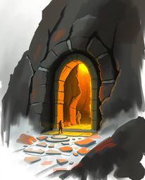 A digital sketch showcasing an ancient doorway, etched with glowing runes, embedded within the side of a majestic mountain. T