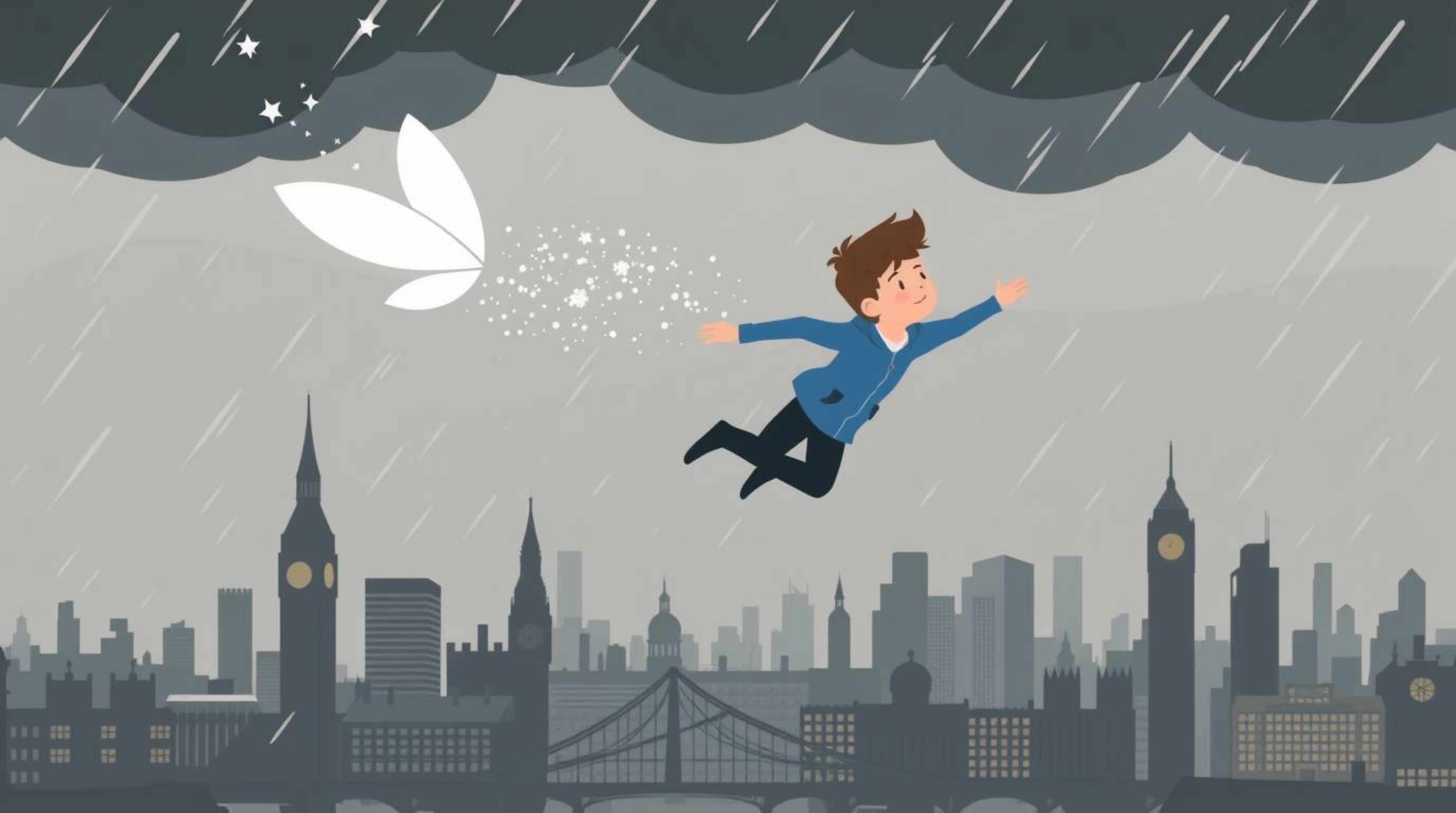 A young boy soars above a simplified London skyline, powered by magical pixie dust against a backdrop of intense, dramatic st
