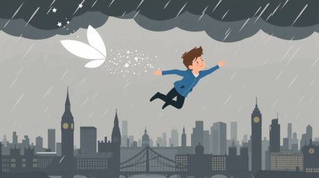 A young boy soars above a simplified London skyline, powered by magical pixie dust against a backdrop of intense, dramatic st