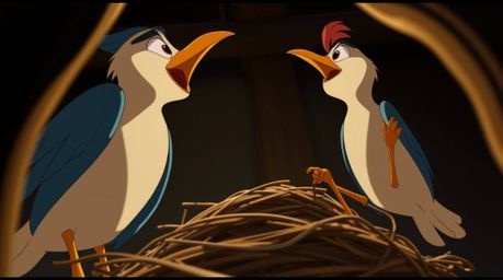 A captivating low-angle shot depicts two cartoon birds meticulously constructing their nest. Rendered in a classic animation
