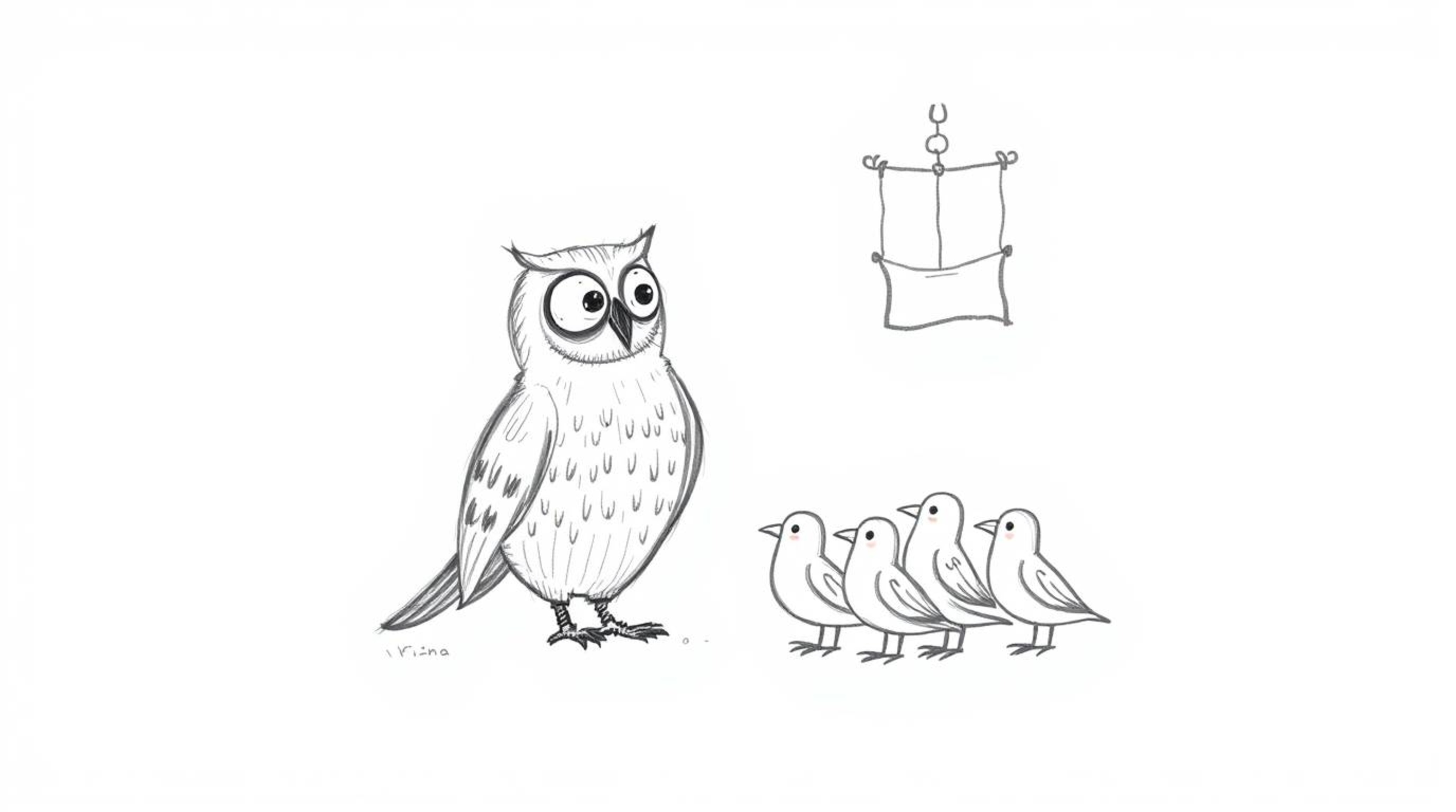 A charming hand-drawn pencil sketch depicts a blind owl, rendered in a Pixar-esque style, ingeniously teaching a flock of bir