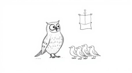 A charming hand-drawn pencil sketch depicts a blind owl, rendered in a Pixar-esque style, ingeniously teaching a flock of bir