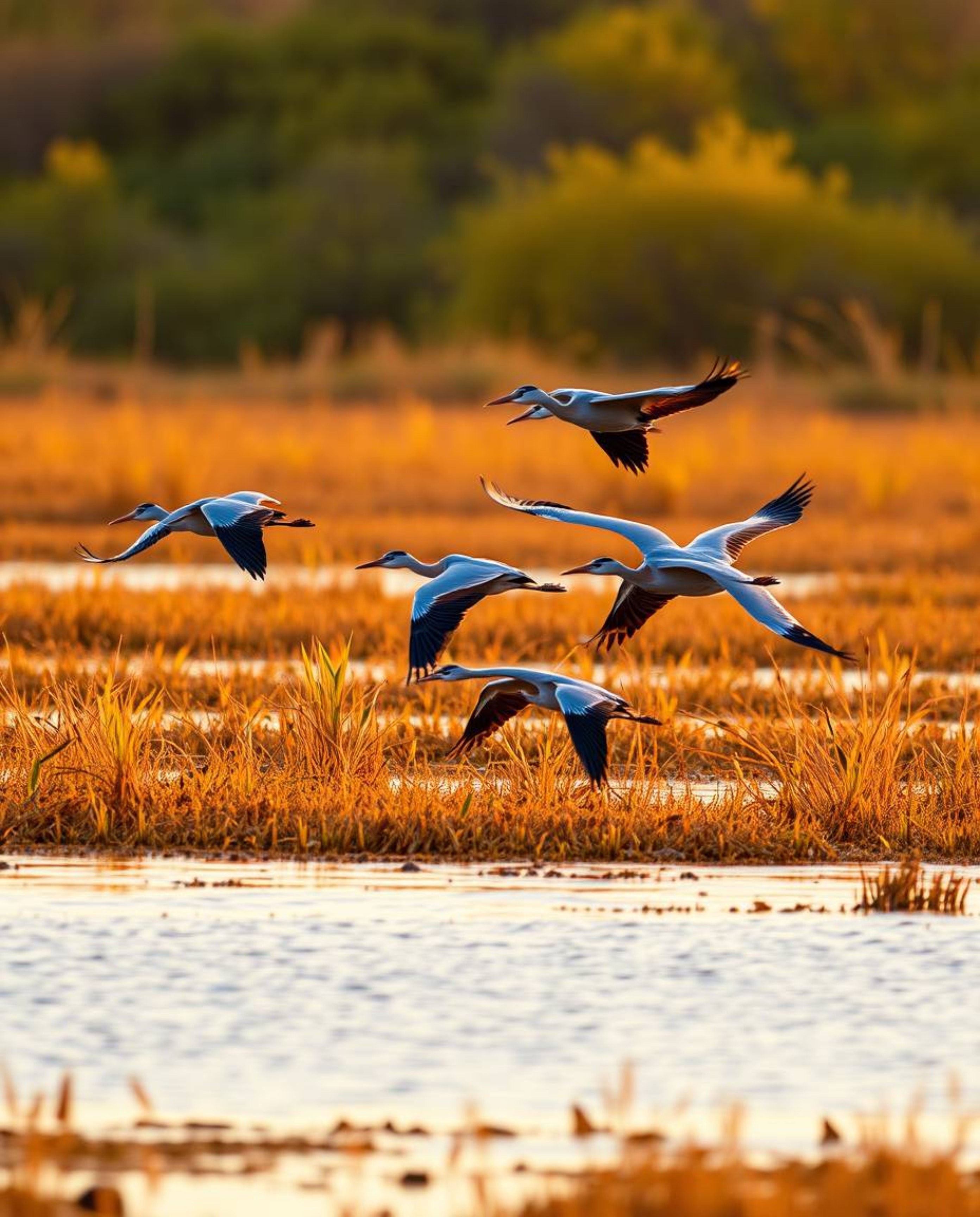 A beautiful golden hour wetlands scene with herons flying, bathed in warm golden light. This image features a striking color 