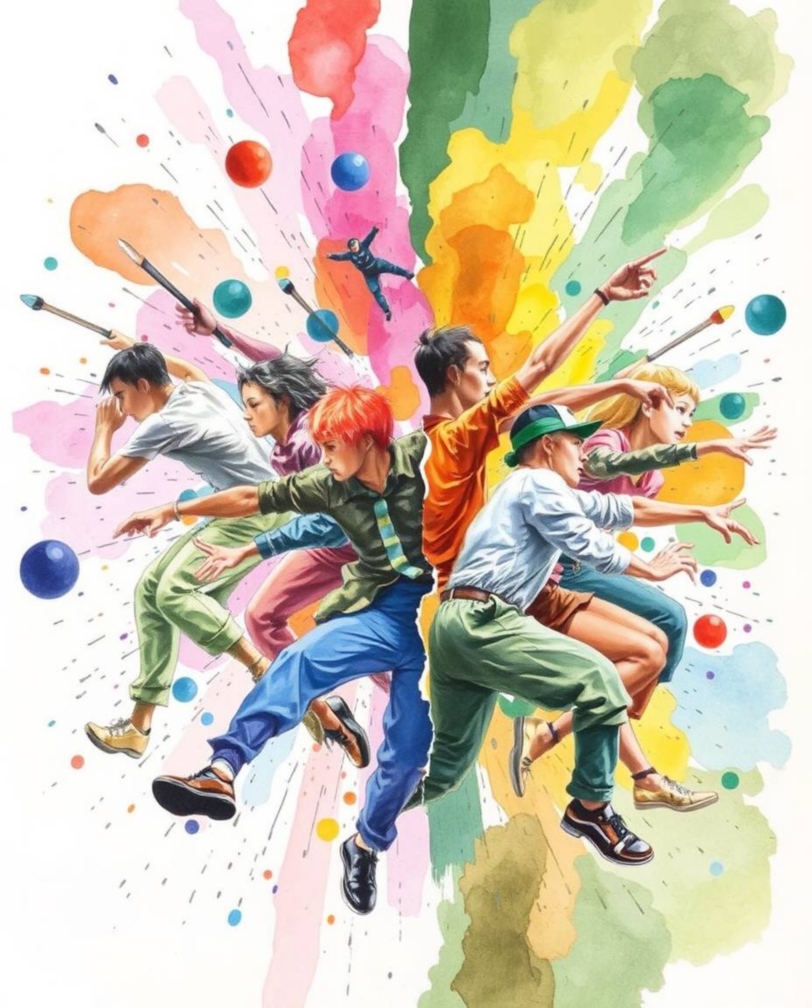 A dynamic watercolor painting showcasing a distinct split composition where vivid tones blend in a chaotic harmony. Featuring