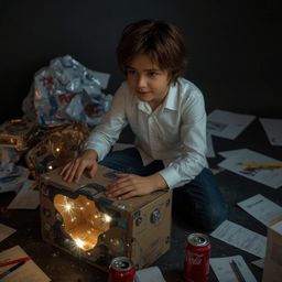 A captivating high-fashion photograph in the style of Pixar depicts a boy with bright eyes building an intricately designed c