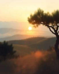 This is a dreamy digital painting of a Tuscan sunset over misty rolling hills. The artwork is bathed in the warm glow of the 