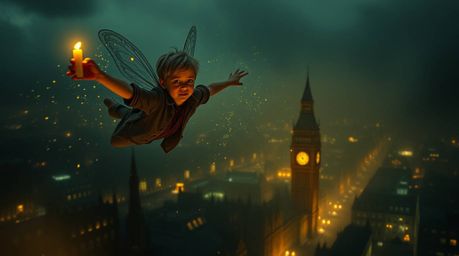 A young boy soars above London, scattering pixie dust and bathed in the warm glow of flickering candlelight. The scene is ren