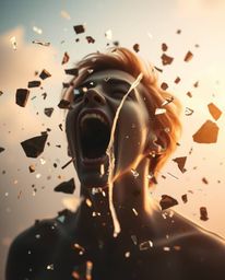 A captivating visual depicting a person's scream as their reality fractures into a pixelated world.  Bathed in gentle, soft l