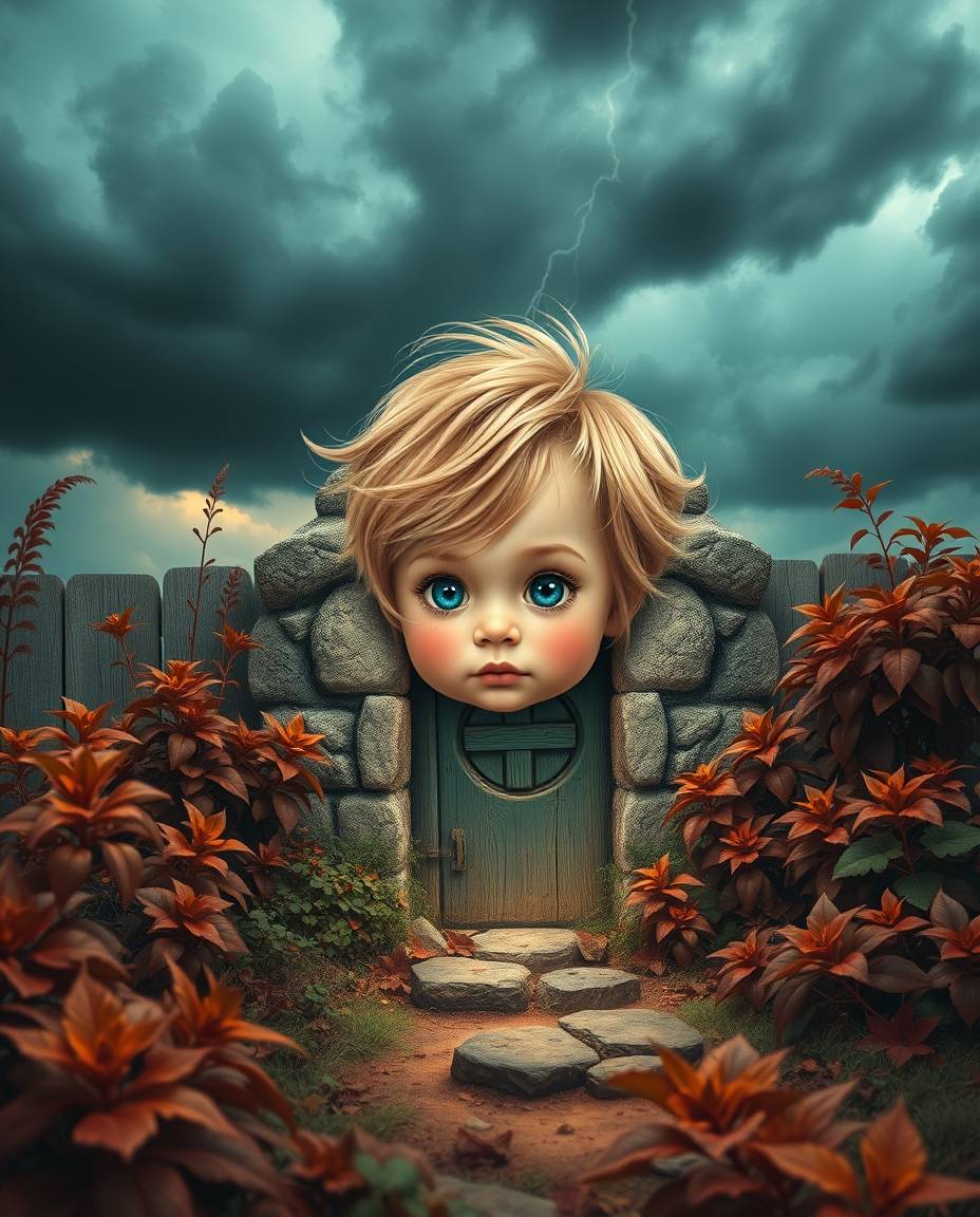 A charming child with rosy cheeks and bright eyes stumbles upon a magical portal hidden within their lush, earthy backyard, s