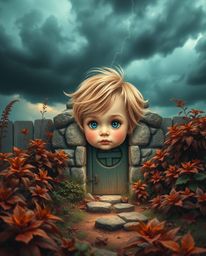 A charming child with rosy cheeks and bright eyes stumbles upon a magical portal hidden within their lush, earthy backyard, s