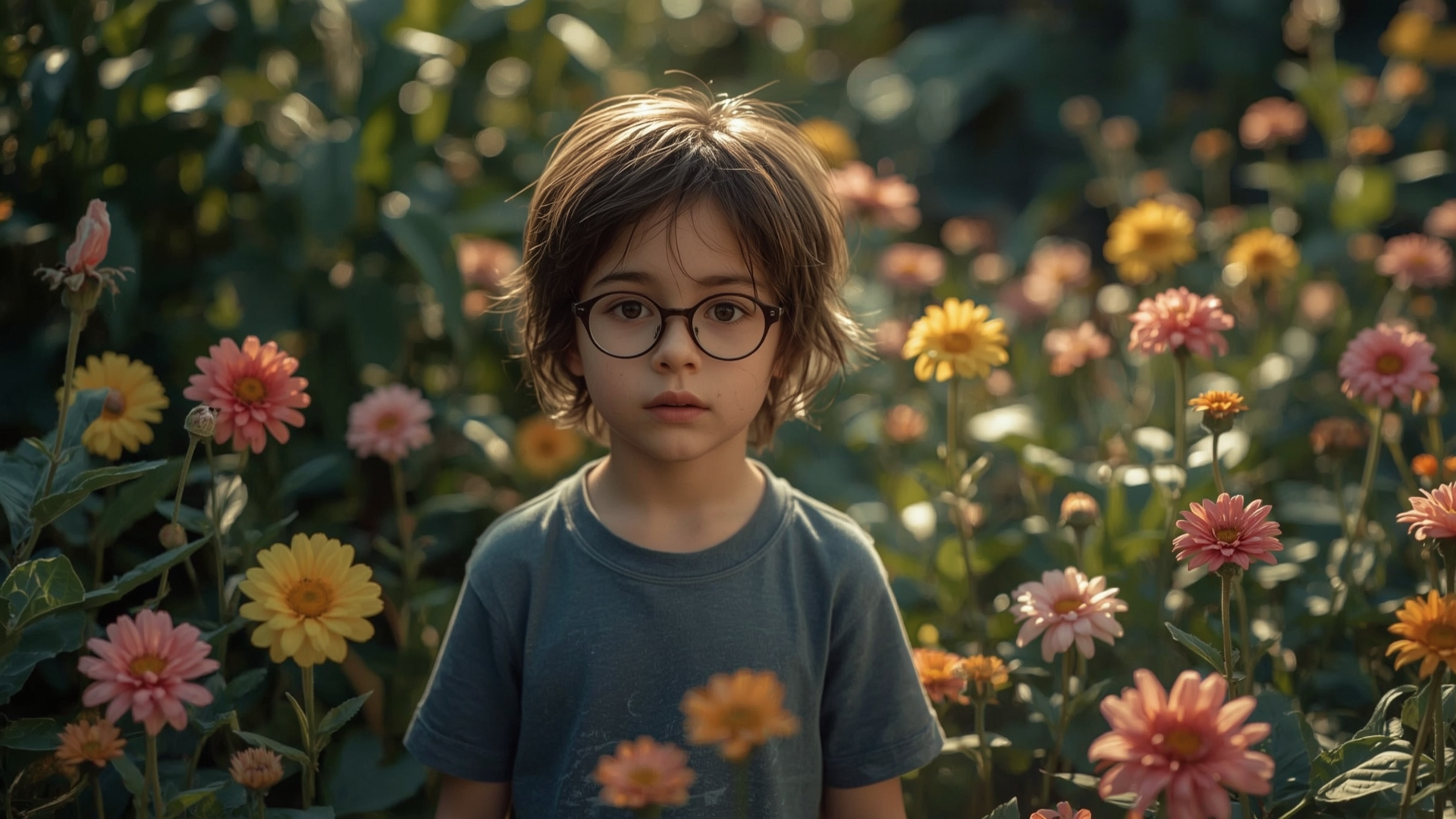 In a cinematic photograph reminiscent of a Pixar animation, a brilliant and introverted homeschooled child stands in a whimsi