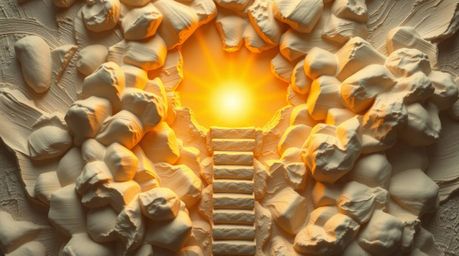 Experience the divine with this overhead bird's-eye view of a sculptural clay art piece. A golden staircase gracefully ascend