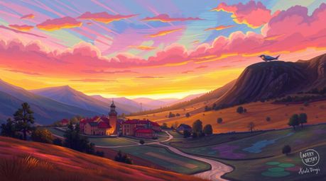 A captivating illustration showcases a charming village nestled in a serene valley, bathed in the warm glow of a vibrant, col