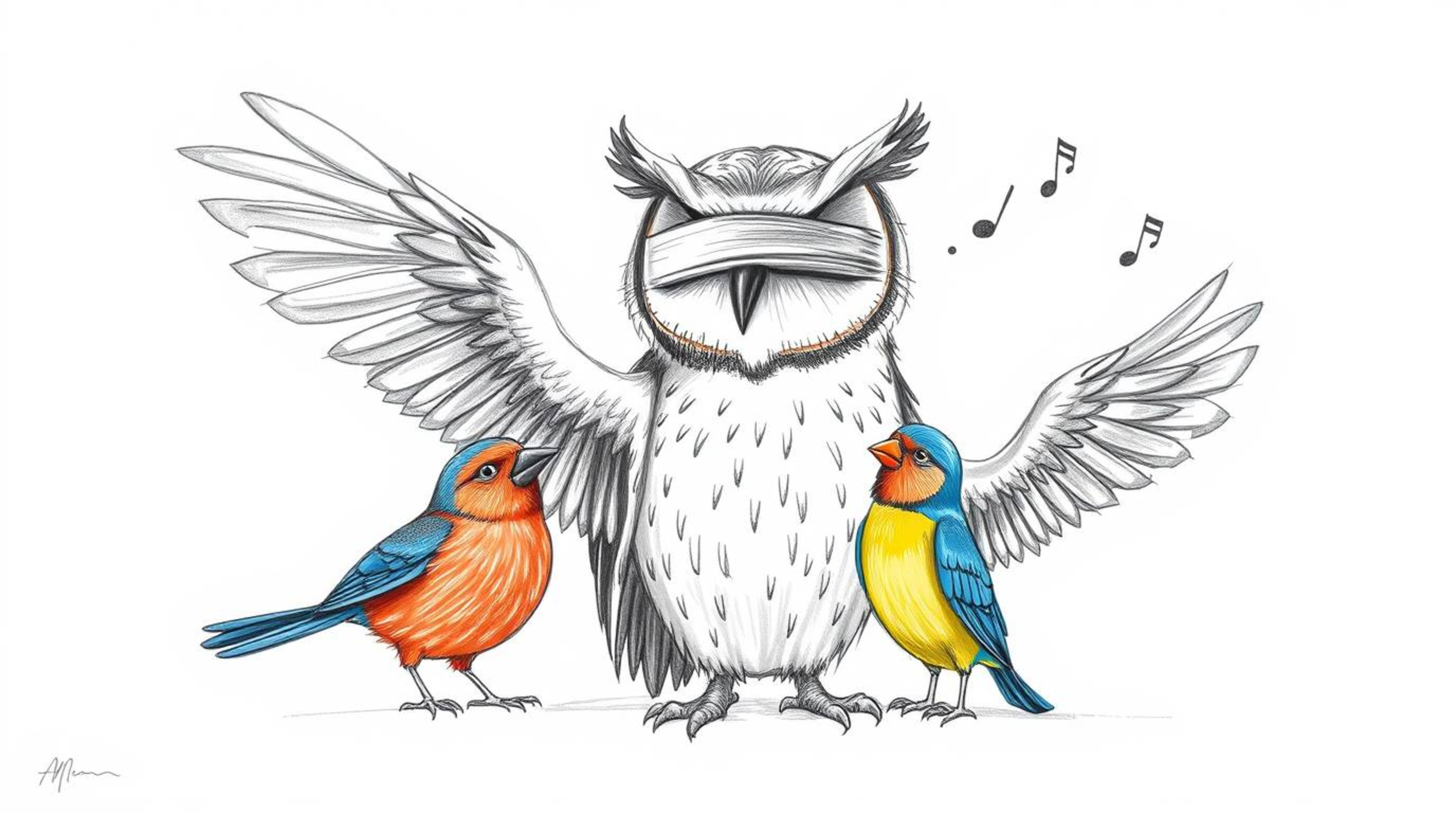 A heartwarming Pixar-esque hand-drawn sketch depicts a blind owl with detailed feathers, acting as an instructor for colorful