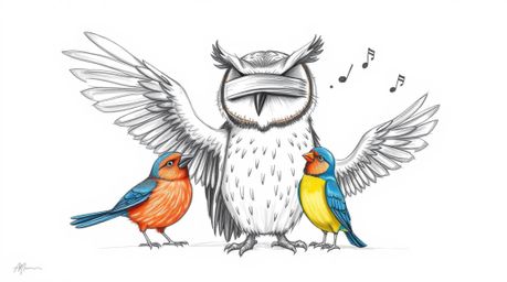 A heartwarming Pixar-esque hand-drawn sketch depicts a blind owl with detailed feathers, acting as an instructor for colorful