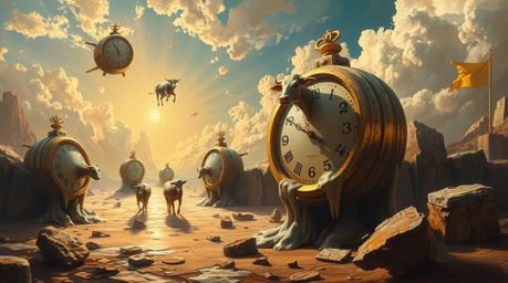 Experience a classic oil painting brought to life, depicting a surreal dreamscape where melting clocks and floating cows inha