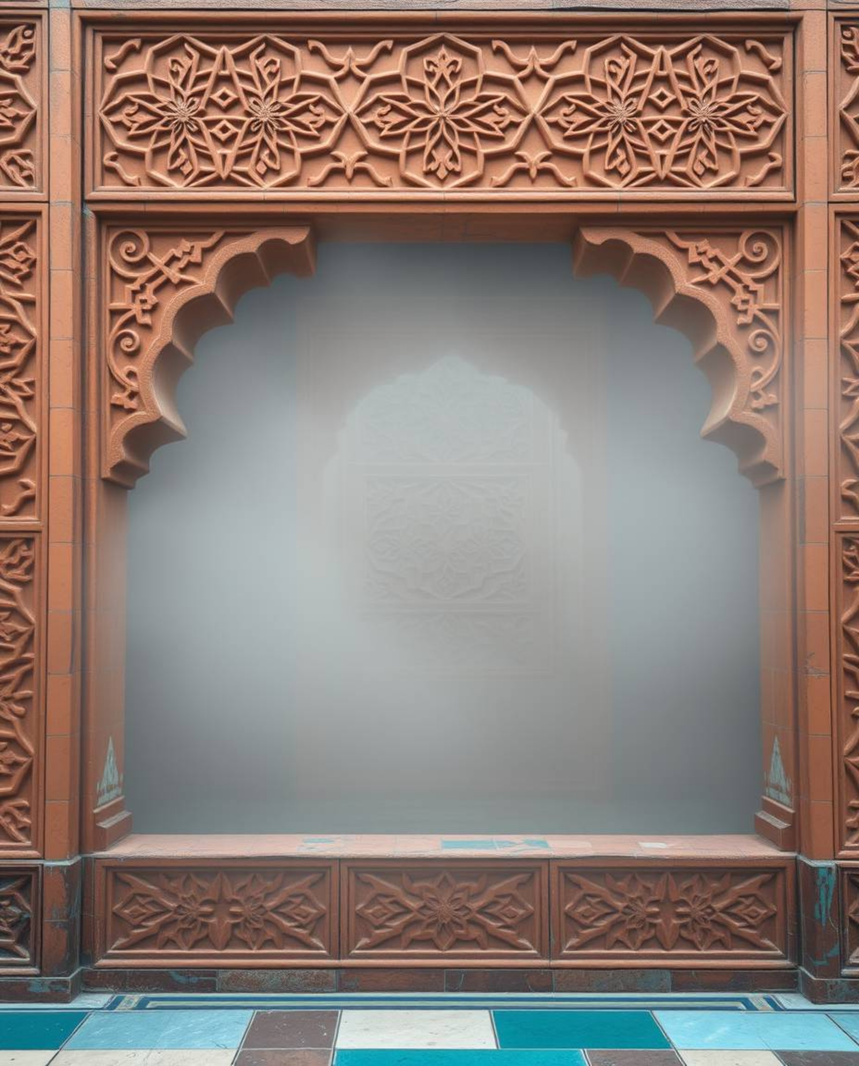 Explore the beauty of intricate Islamic geometric patterns carved in stone, rendered in warm terracotta and cool teal hues. T