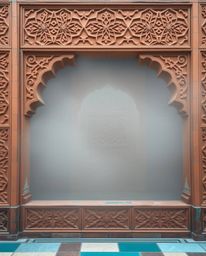 Explore the beauty of intricate Islamic geometric patterns carved in stone, rendered in warm terracotta and cool teal hues. T