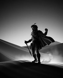 A captivating black and white artistic image depicts a brave Disney-style hero embarking on a desert adventure.  The timeless