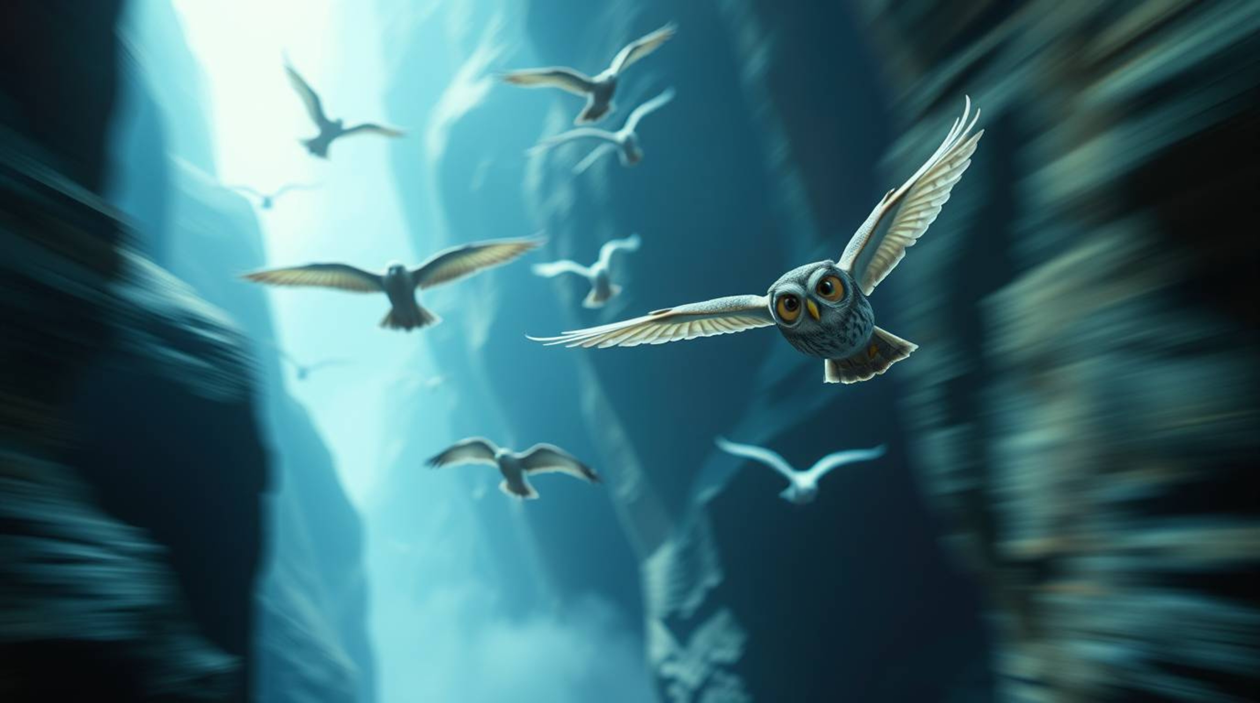 This cinematic, long-exposure photograph captures a deeply ethereal vibe, featuring a Pixar-esque blind owl as it guides bird