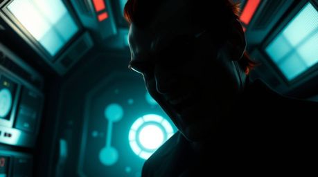 A hilarious close-up shot captures a villain experiencing a comical meltdown in their high-tech lair.  Silhouetted against a 