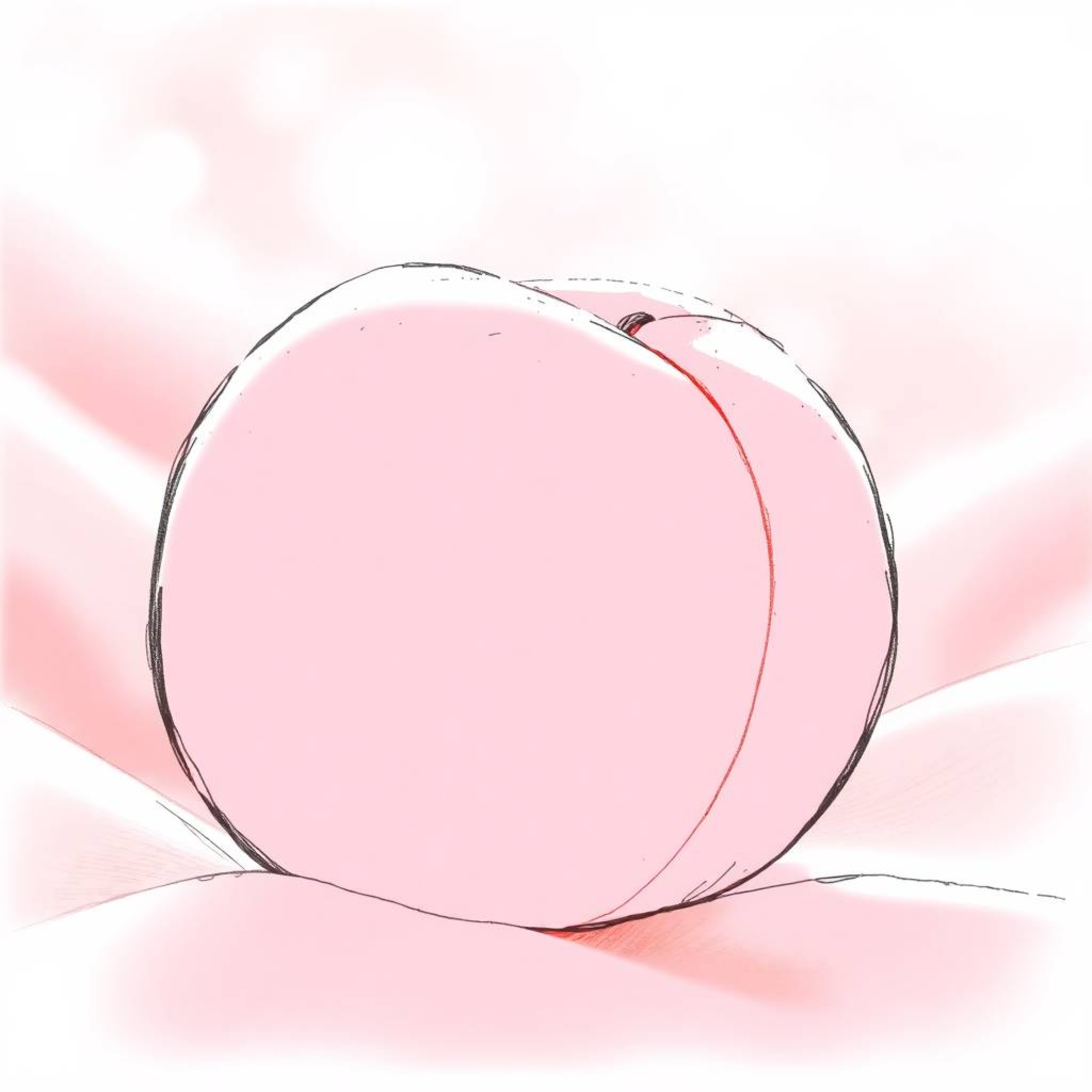 A close-up, hand-drawn sketch featuring a peach against a pastel pink silk backdrop. The image is silhouetted with soft backl