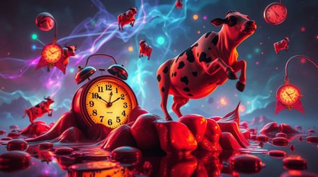 Explore a high-resolution stock photo showcasing a surreal dreamscape, complete with iconic melting clocks and whimsically fl