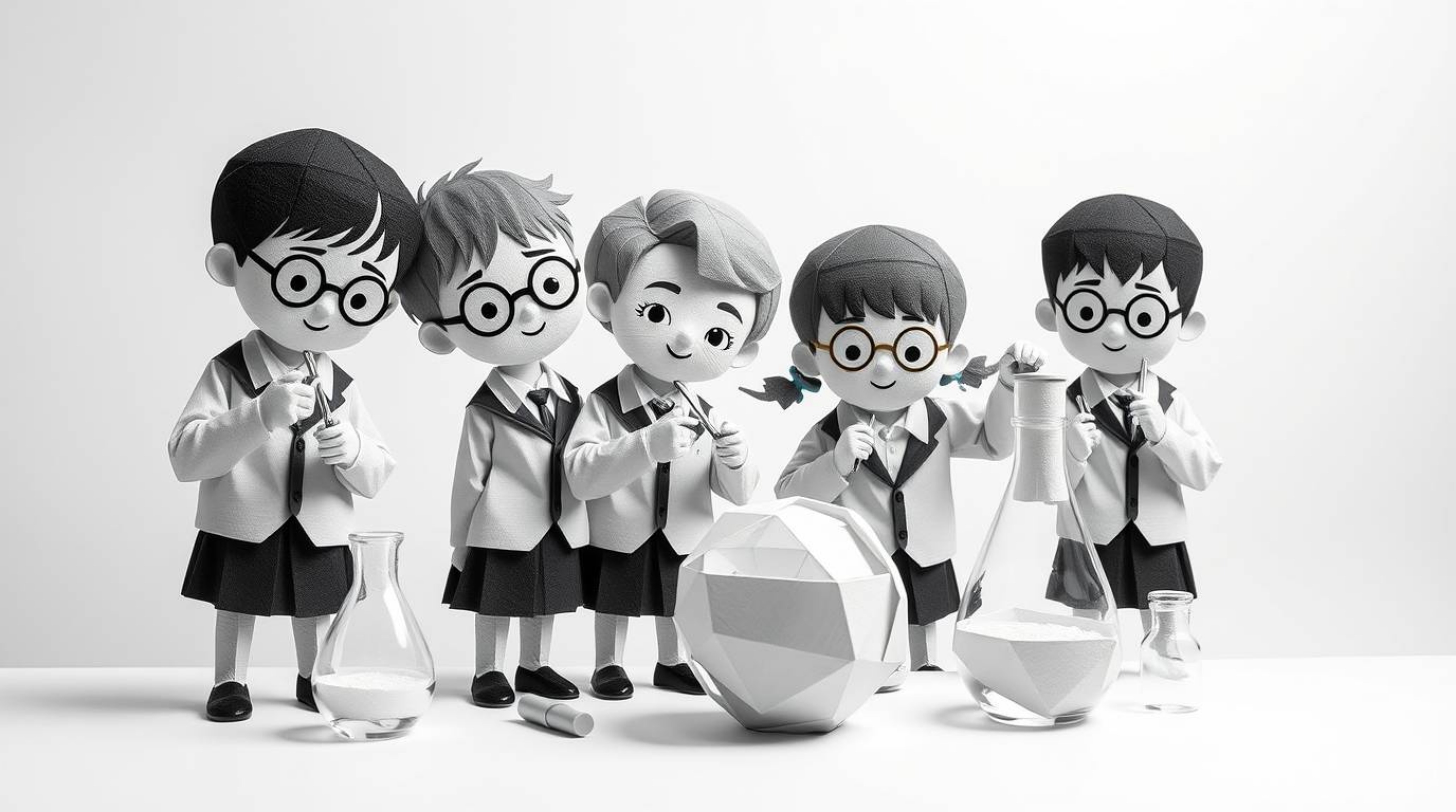 A captivating image showcasing a group of quirky children in school uniforms conducting scientific experiments.  Rendered in 