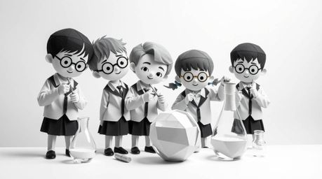 A captivating image showcasing a group of quirky children in school uniforms conducting scientific experiments.  Rendered in 