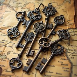 Explore a captivating scene of intricately designed vintage keys resting upon a worn, yellowed map. The keys, with their orna