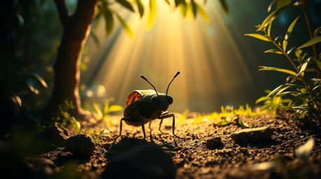 A captivating high-resolution stock photo showcasing a bug-sized hero venturing through a backyard jungle, brought to life by