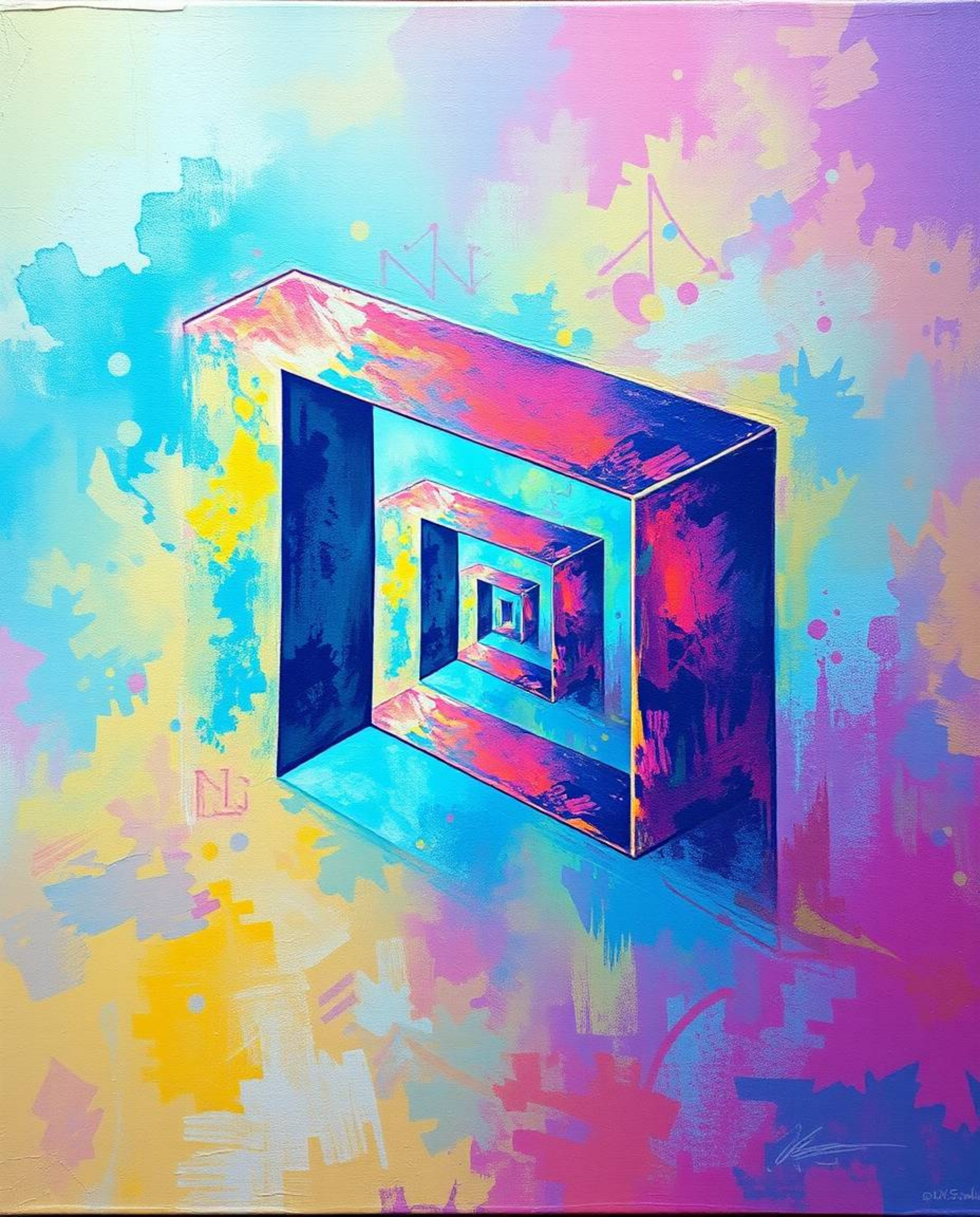This is a vibrant, textured acrylic painting featuring a repetitive Escher-style cube pattern rendered in impossible geometry