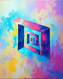 This is a vibrant, textured acrylic painting featuring a repetitive Escher-style cube pattern rendered in impossible geometry