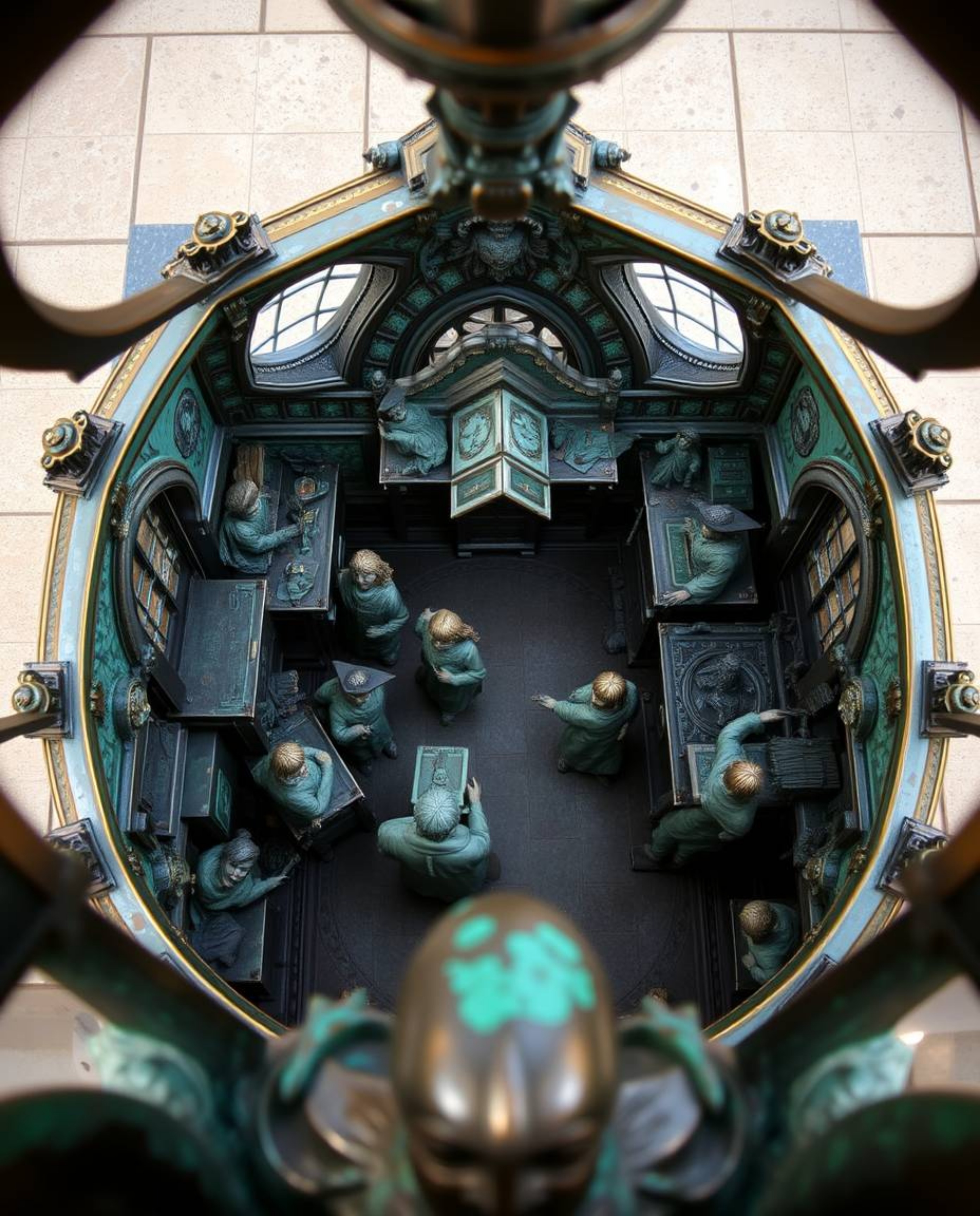 This cast bronze sculpture offers a captivating bird's eye view of a magical school teeming with young wizards.  The top-down