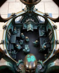 This cast bronze sculpture offers a captivating bird's eye view of a magical school teeming with young wizards.  The top-down