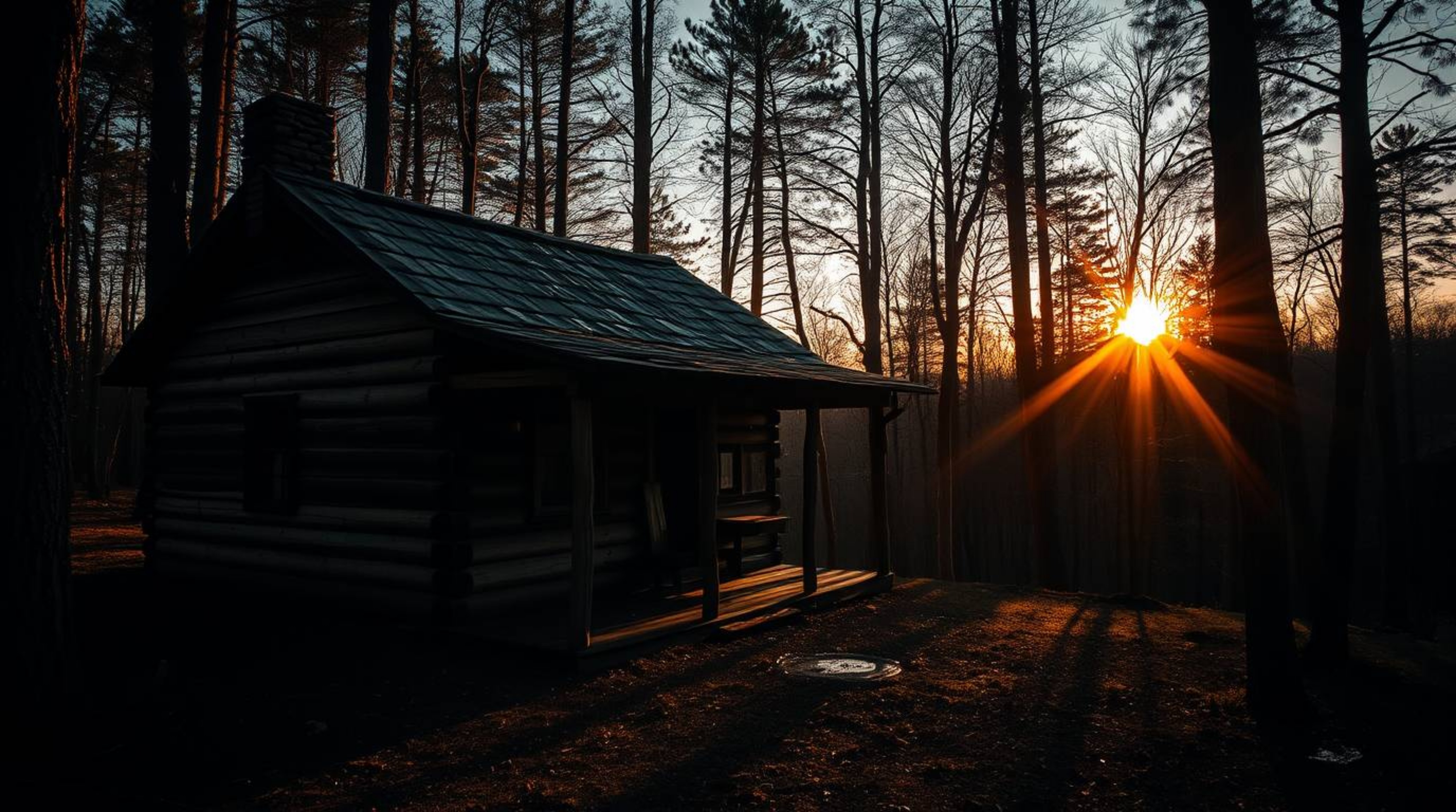 Experience the tranquil beauty of a rustic old wooden cabin nestled in a sun-drenched forest at sunset. This image captures a