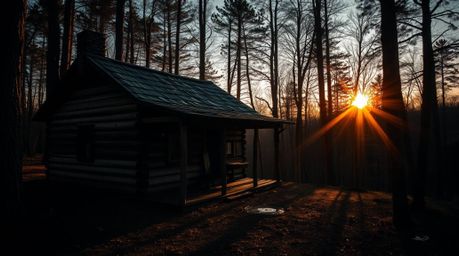 Experience the tranquil beauty of a rustic old wooden cabin nestled in a sun-drenched forest at sunset. This image captures a