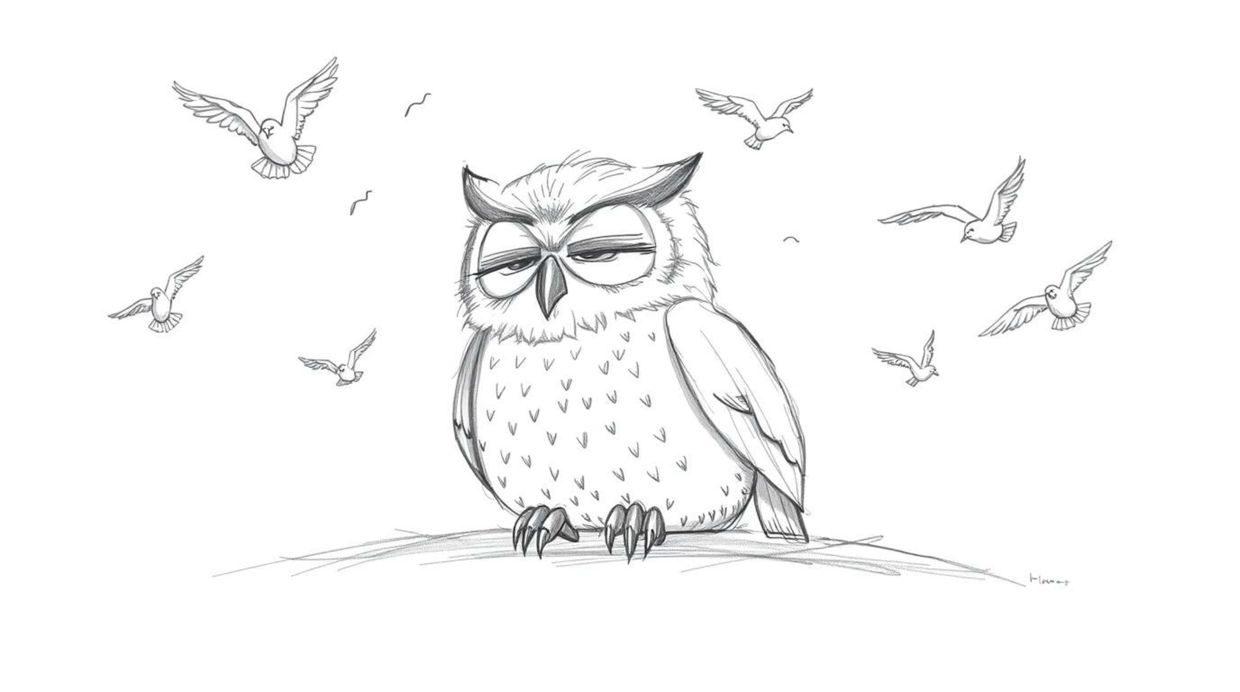 A charming hand-drawn sketch depicts a wise, blind owl resting peacefully as birds circle him joyfully in a Pixar-inspired st
