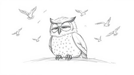 A charming hand-drawn sketch depicts a wise, blind owl resting peacefully as birds circle him joyfully in a Pixar-inspired st