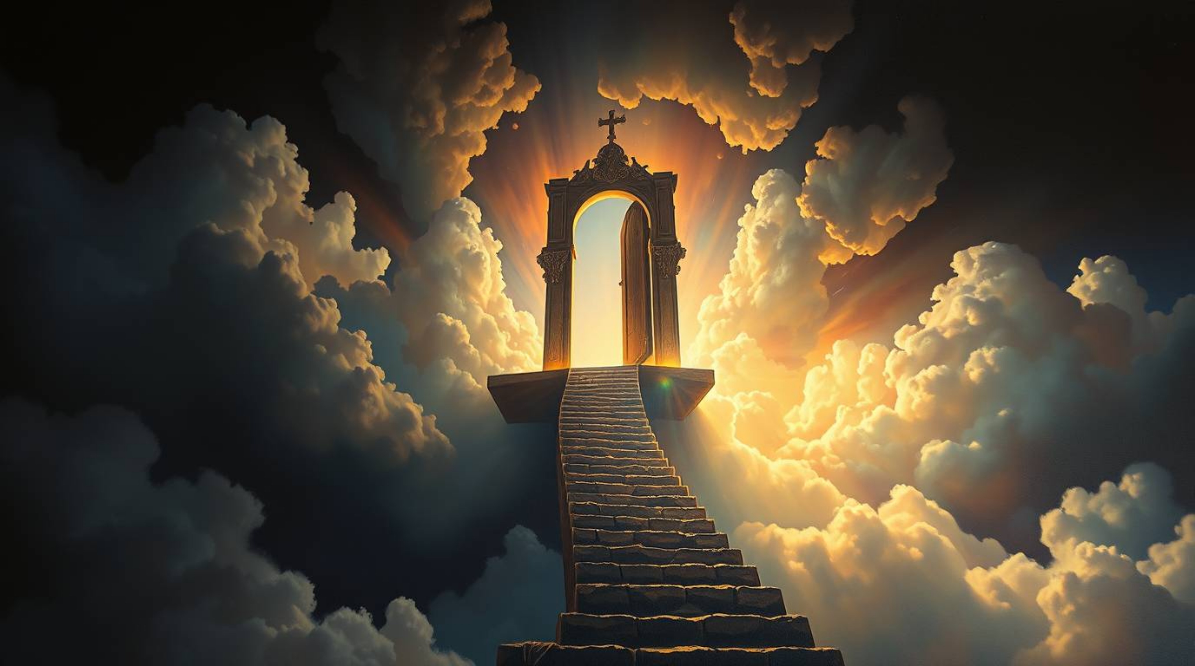 This captivating fantasy realism painting depicts a heavenly gate floating above the clouds, viewed from a dramatic low angle
