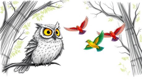 A charming Pixar-style hand-drawn sketch depicts a blind owl with ruffled feathers patiently guiding brightly colored birds i