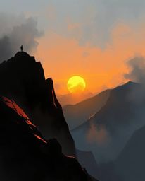 This misty, atmospheric digital sketch depicts a sunset from a high alpine peak, rendered in a concept art style. It features