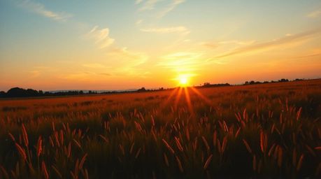 Experience the tranquility of a sunset over a quiet meadow in this classic oil painting. The high-angle perspective captures 
